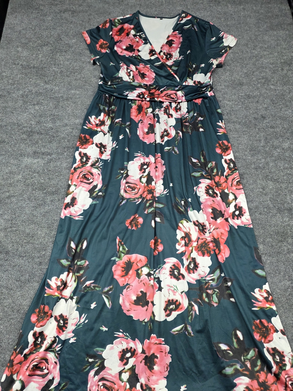 Floral Wrap Maxi Dress in Dark Green and Pink